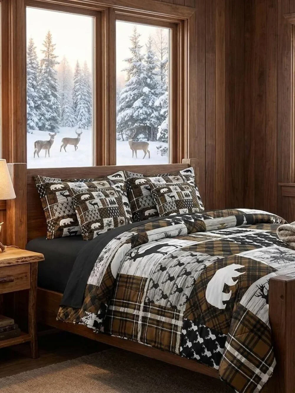 Brown Cabin King Size Comforter Set with Sheets Patchwork Rustic Bedding Set 7 P